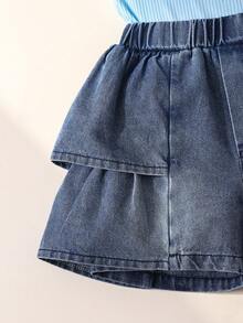 Maija Kids 2pcs Young Girls Light Blue Top And Denim Shorts Set,Summer School Style Casual Kids Outfits For Girls,Back To School Outing Daily Wear Coords - Blue - View 5