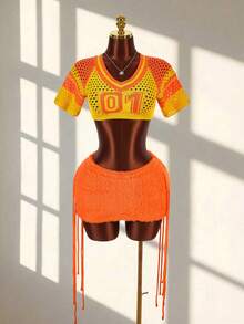 Amplova Women's Fashion Sexy Cropped Sweater Top & Mini Skirt 2 Pieces Set - Orange - View 4