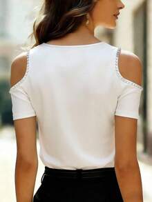 Balvessa Áo thun nữ mùa xuân/hè dệt kim satin cổ tròn trễ vai đính họa tiết ôm sát tôn dáng thời trang thanh lịch sang trọng giản dị đa năng tay ngắn - trắng - Xem 2