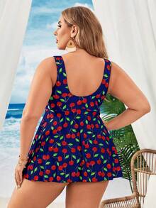 Swim Lushoire Vestido de traje de baño con estampado de cerezas para mujer de talla grande para vacaciones - Azul marino - Ver 2