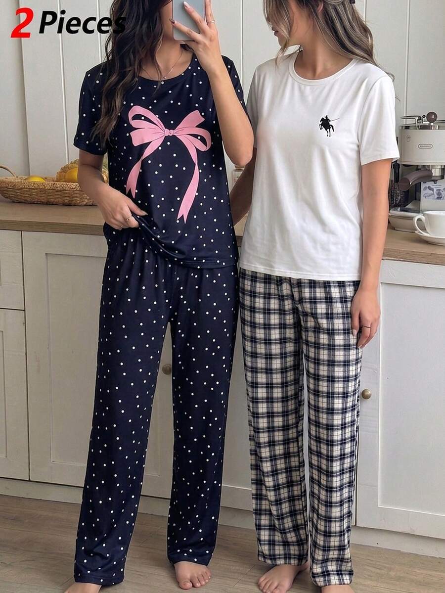 两件套少女优雅波点套装，藏蓝色底粉色蝴蝶结印花圆领上衣搭配宽松波点印花长裤，针织面料舒适休闲睡衣套装 - 藏蓝色 - 查看 1
