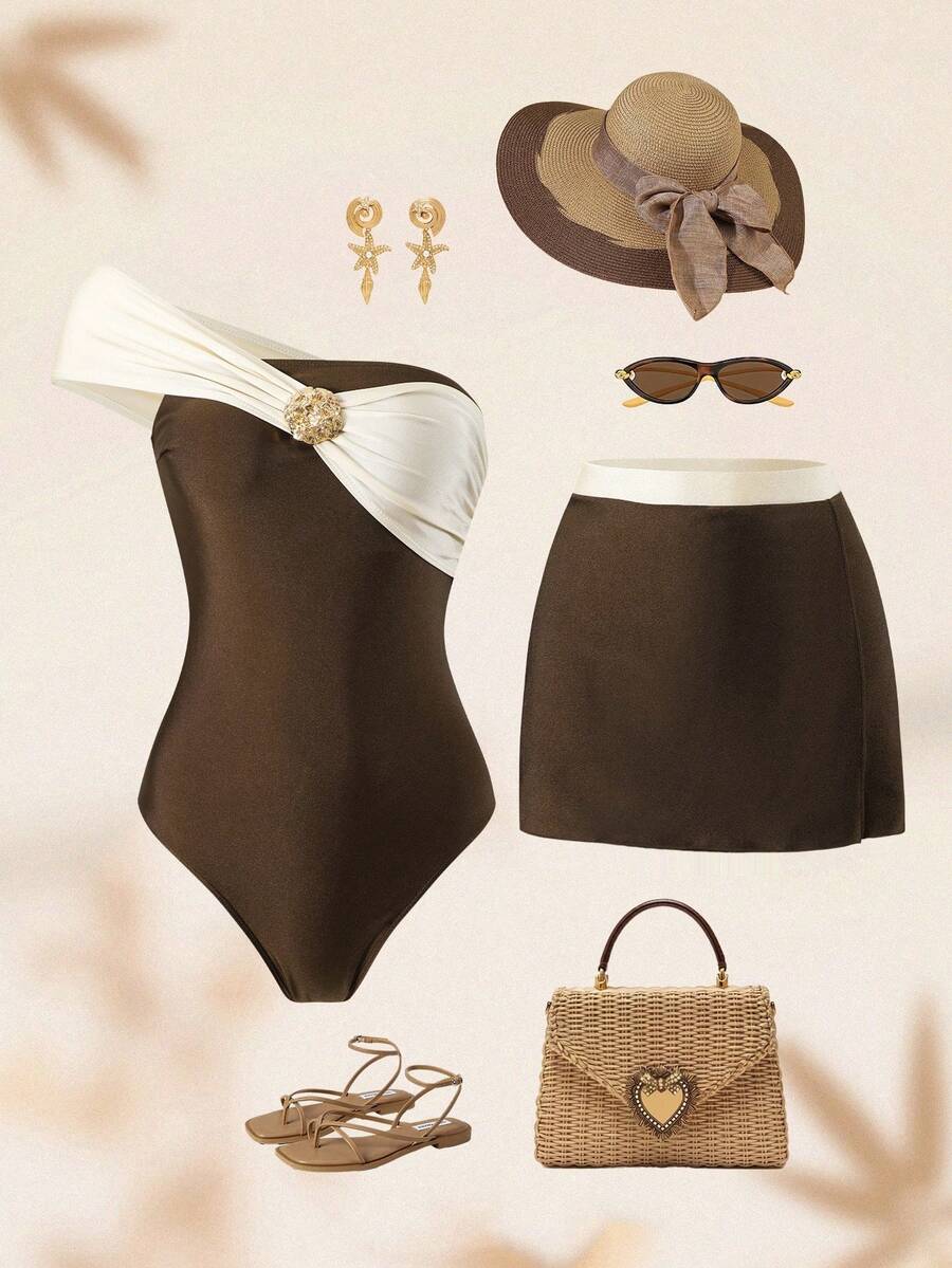 Swim Oasis Brown & Beige Color Block One-Piece Swimsuit With Metal Decor For Women, Elegant Beach Outfit Bikini Set - Multicolor - View 1