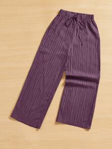 SHEIN Essnce Summer Casual Textured Wide Leg Capri Pants - Dusty Purple - View 5