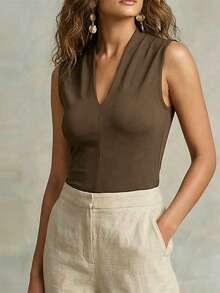 LUMIGAL Women's Solid Color V-Neck Casual Tank Top For Commuting - Khaki - View 5
