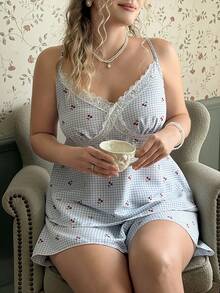 CottageSlumber Plus Size Cherry Blue & White Plaid Lace Trim Plus Size Camisole Pajama Set - Multicolor - View 7