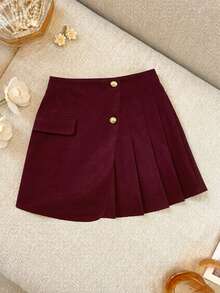 INAWLY Women's Elegant French Style Solid Color Pleated A-Line Metal Button Skirt, Spring/Summer - Burgundy - View 1