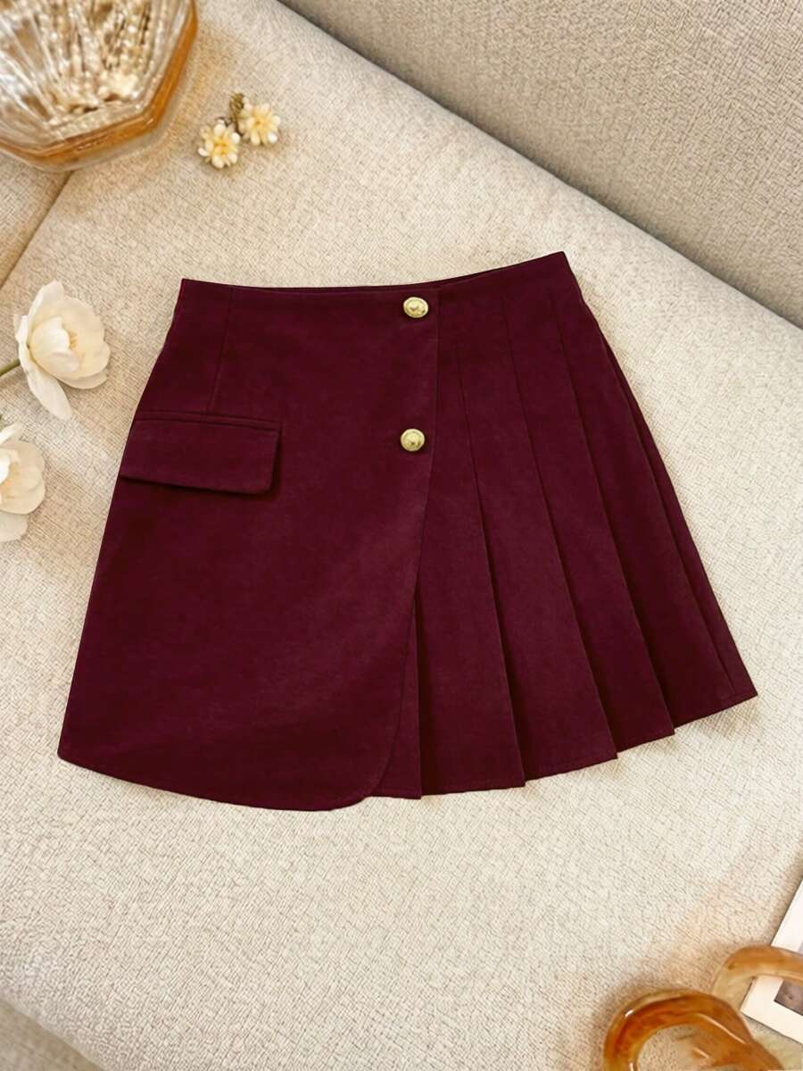 INAWLY Women's Elegant French Style Solid Color Pleated A-Line Metal Button Skirt, Spring/Summer - Burgundy - View 1