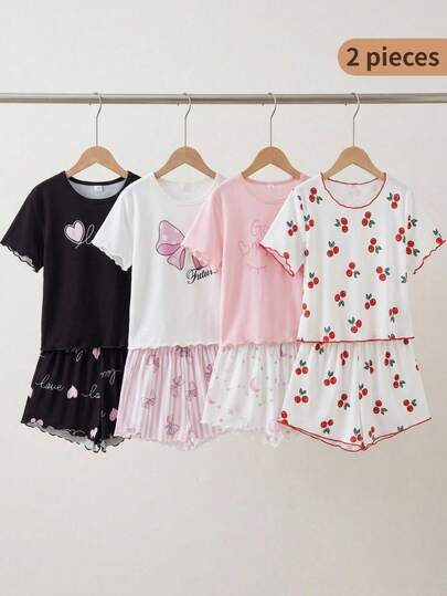 2-Piece Big Girls Kids Homewear Set Round Neck Short Sleeve Tee And Shorts Summer Spring White Red Cherry Print Red Merrow Edge Pajamas Sleepwear Loungewear Set Soft Breathable Lightweight Knit Fabric Cute Comfy Cozy Casual Fashion-Forward Matching Set For Daily Home Wear