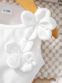 SHEIN Playful Pals Baby Girls' Cute Design Set, Spring/Summer Sleeveless Top With 3D Floral Decor + Contrast Ruffle Hem Shorts, 2pcs Set For Casual, Party, Gathering - White - View 7