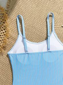 SHEIN Traje de baño de una pieza de unicolor y tela texturizada de moda para niñas preadolescentes - Azul y blanco - Ver 5