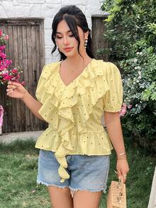 Modelyn Plus Size Summer Casual Polka Dot Print Ruffle Trim Blouse - Yellow - View 5