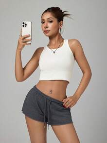SHEIN PETITE Women's Solid Color Elastic Waist Loose Casual Shorts - Dark Grey - View 5