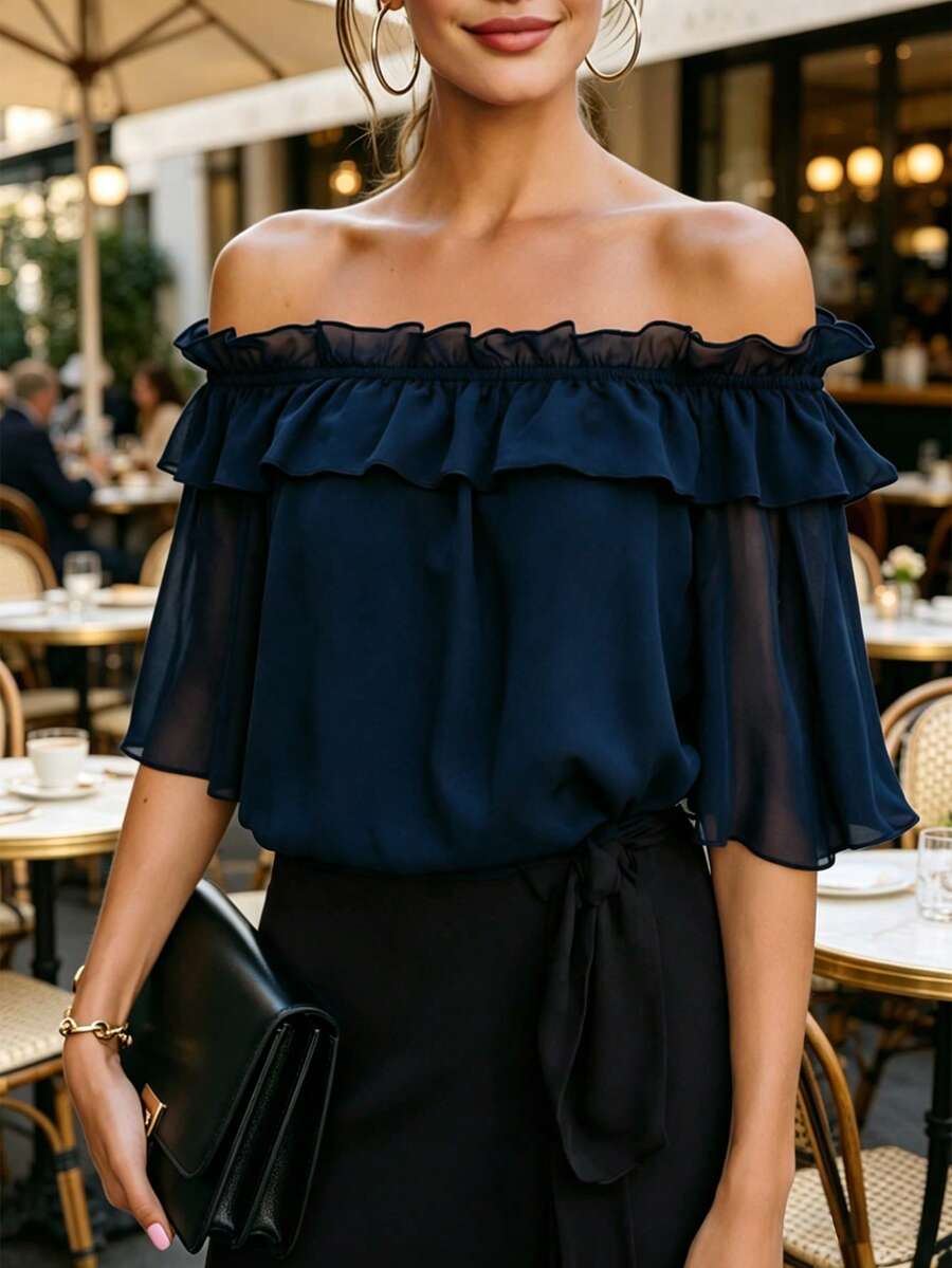 Balvessa Women's Off Shoulder Navy Blue Ruffle Chiffon Blouse - Navy Blue - View 1