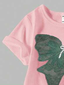 SHEIN Elladie kids 2件組 青少年女孩粉色與萊姆綠夏季可愛休閒開學T恤工裝褲套裝 優雅派對洋裝 - 彩色 - 查看 7