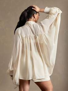 Vixey Sheer Solid Chiffon Mock Neck Lantern Sleeve Button Up Blouse - Light Yellow - View 4