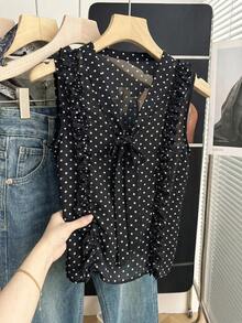 SHEIN Holidaya 女士波点系带休闲百搭日常衬衫 - 黑色 - 查看 4