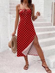 SHEIN Frenchy 女士时尚百搭波点印花系带开衩吊带连衣裙 - 紅色 - 查看 3