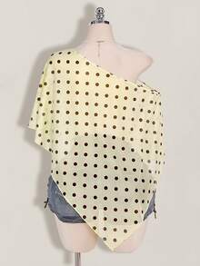 SHEIN ICON Plus Size Women's Black & White Polka Dot Asymmetrical Shoulder Mesh Blouse - Light Yellow - View 2