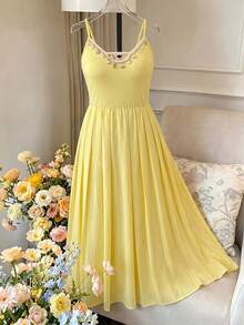 FleurLily Plus Size Women Summer Fashion Elegant Vacation V-Neck Patchwork Ruched A-Line Slip Dress Gym Brown - Yellow - View 1