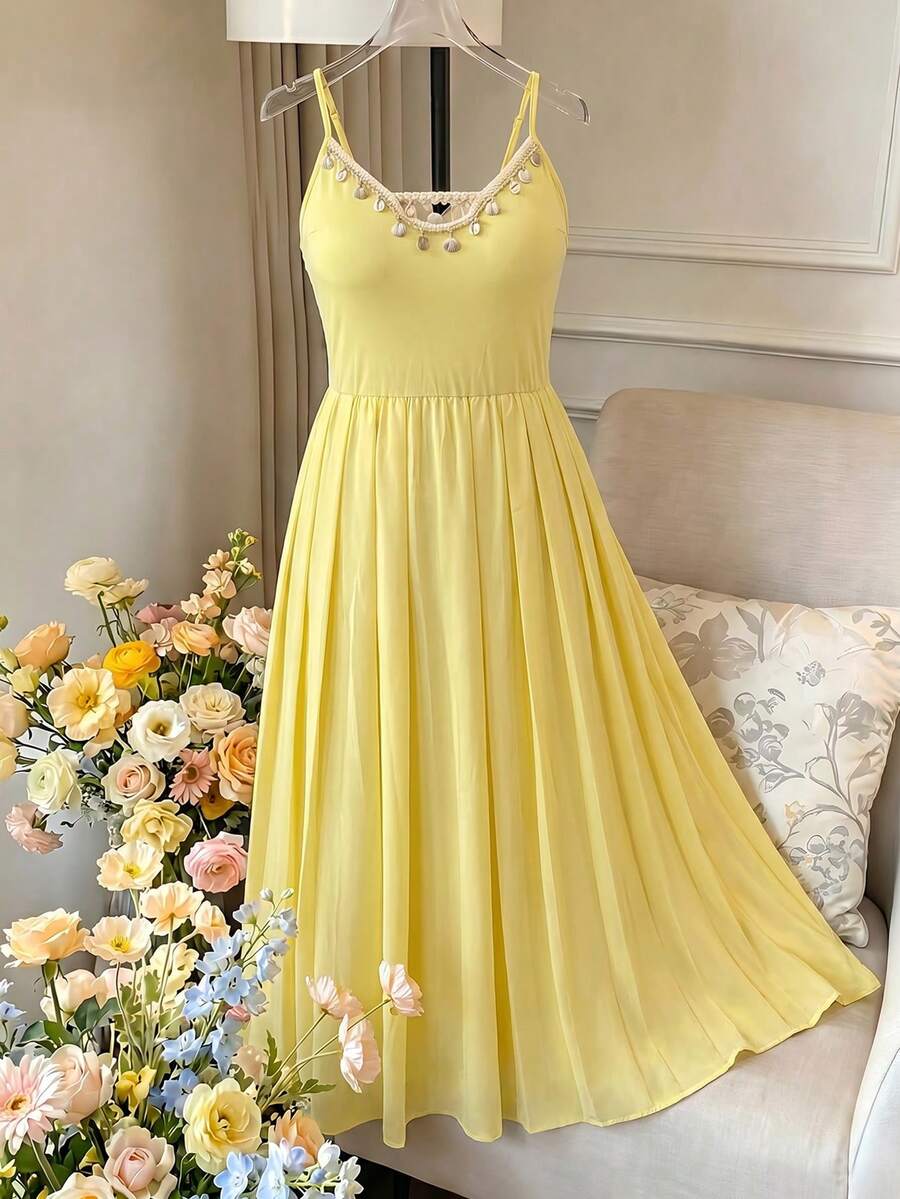 FleurLily Plus Size Women Summer Fashion Elegant Vacation V-Neck Patchwork Ruched A-Line Slip Dress Gym Brown - Yellow - View 1