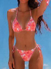 Swim Mod 2026春夏女士吊带露背橙粉色随机碎花甜美可爱侧系带比基尼两件套泳衣粉色碎花泳衣碎花比基尼套装露背比基尼两件套比基尼侧系带比基尼套装女士比基尼套装碎花印花比基尼碎花图案 - 彩色 - 查看 7