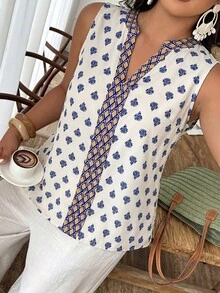 Weeklong Plus Size Women Spring/Summer Placement Print Sleeveless Casual Vacation Shirt Blouse - Multicolor - View 1