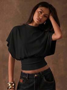 SHEIN BAE Camiseta corta de mujer de unicolor con mangas de murciélago minimalista - Negro - Ver 1