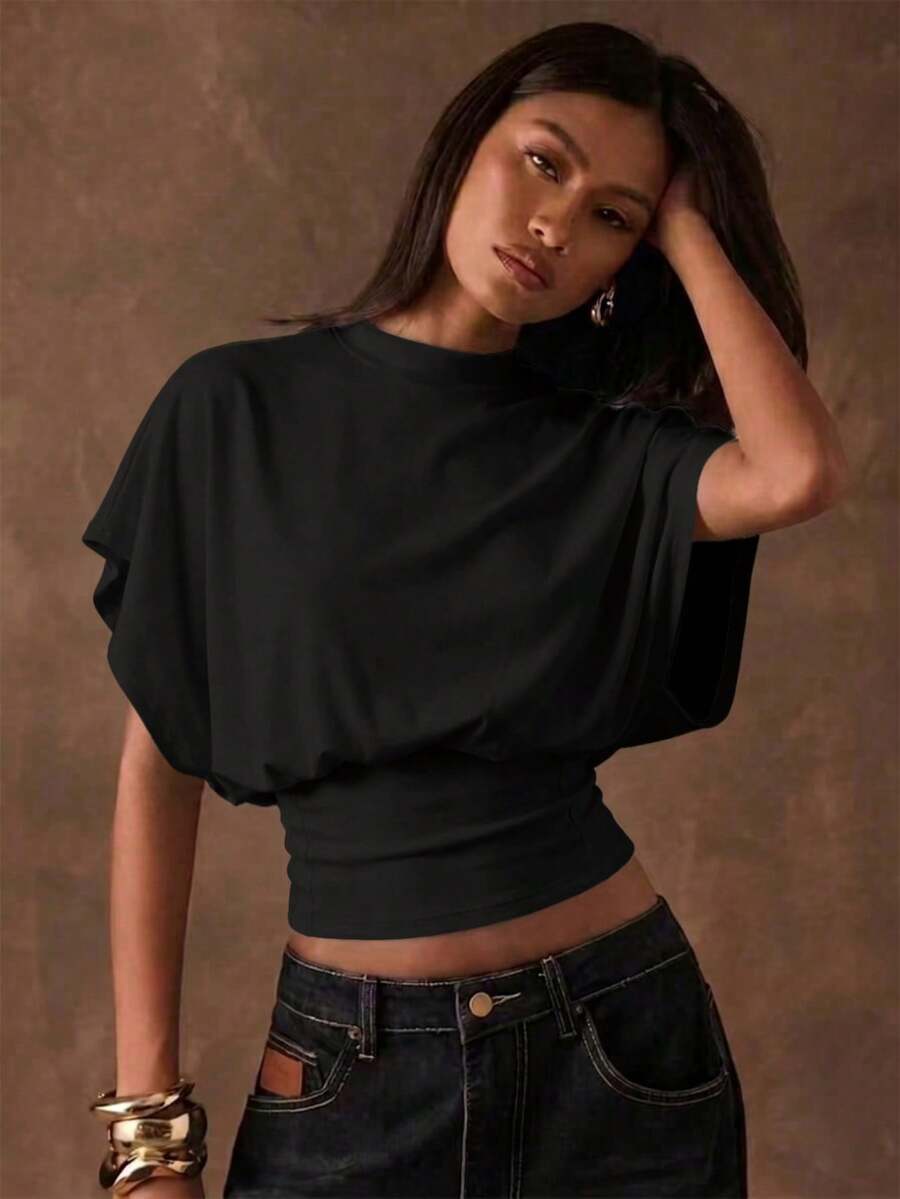 SHEIN BAE Camiseta corta de mujer de unicolor con mangas de murciélago minimalista - Negro - Ver 1