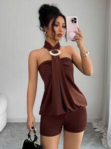 SHEIN PariChic Women's Y2K Sexy Vacation Style Coffee Brown Front-Fastening Metal Button Decor Mini Bodycon Jumpsuit, Spring/Summer - Coffee Brown - View 8