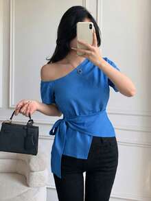 Celisse Camisa casual de mujer con diseño de cintura ajustada y cuello asimétrico, para primavera/verano - Azul - Ver 4