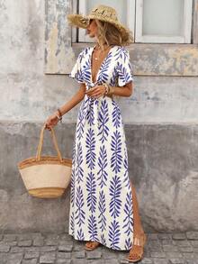 Vestido ajustado de manga corta con estampado de leopardo tejido y recorte hueco en la cintura para mujeres - Azul - Ver 6