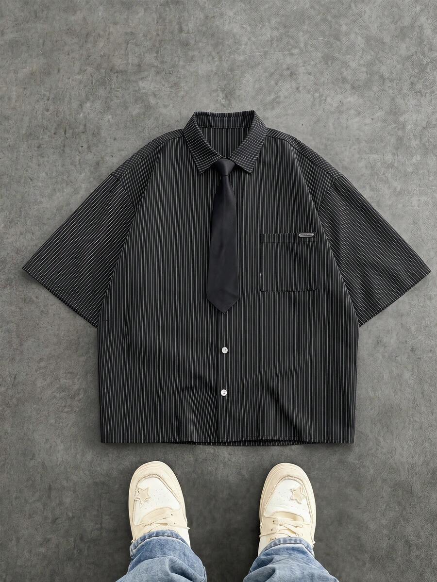 SWAVVY Men's Striped Drawstring Collar Casual Versatile Daily Wear Shirt - Black - View 1