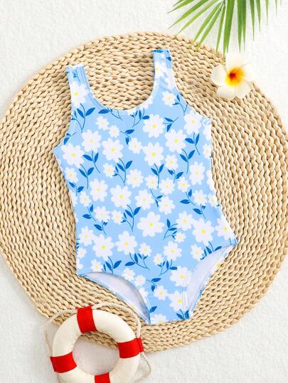 Baby Girls' Beachwear One-Piece Swimsuit, Cute Ditsy Floral, Fashionable Casual Elegant Design, Suitable For Swimming, Summer Vacation, Beach, Pool, Holiday Party