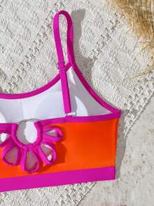SHEIN Tween Girl Swimwear Set,Cute Orange,Green,Fuchsia Color Block Backless Hollow Design,Summer Holiday Beach Swimming Pool Party Casual Sports Style - Multicolor - View 5