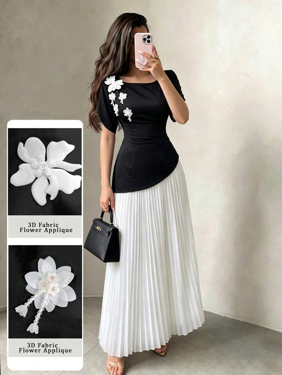 Modelyn 女士优雅黑白撞色褶皱长款连衣裙套装
