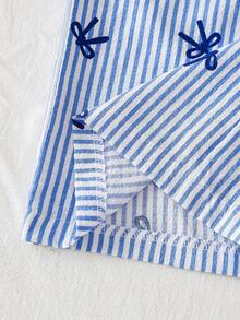 SHEIN Genkimix Kids Bộ áo liền quần dáng ôm vừa vặn kiểu vintage cho bé gái tuổi teen, có nơ và họa tiết sọc khắp thân áo, thích hợp cho các hoạt động ngoài trời mùa hè và đi học. - Nhiều màu - Xem 5