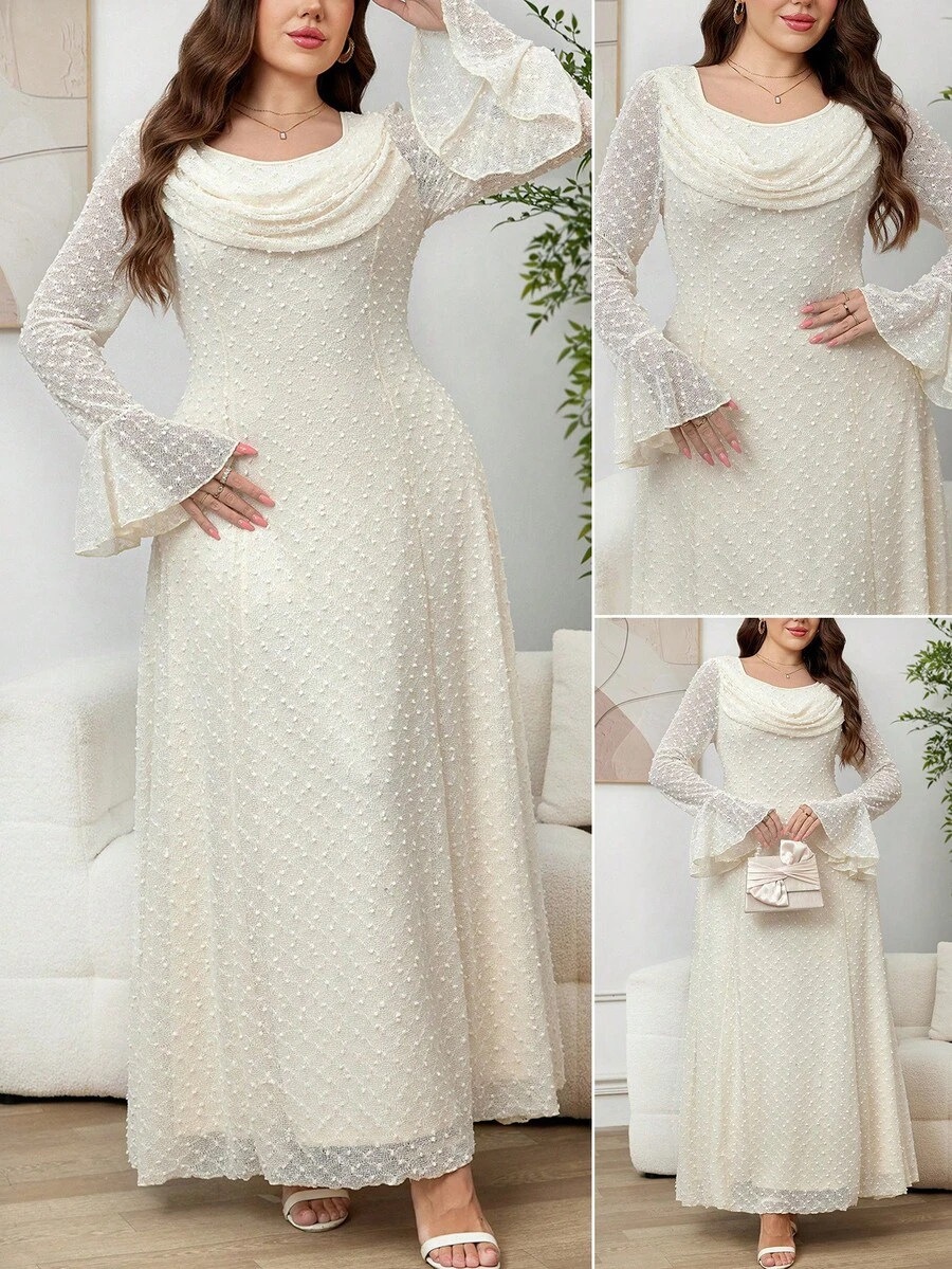 Reflora 大尺碼白色優雅絲滑長袖洋裝,蕾絲拼接秋季婚禮賓客正式派對禮服,奢華晚宴新郎母親畢業典禮洋裝 - 杏色 - 查看 1