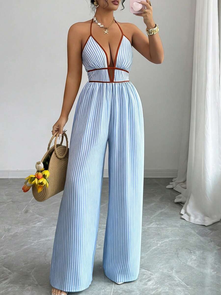 Elenzga Plus Size Women's Elegant Vacation Sexy Contrast Stripe Deep V Halter Tie Waist Straight Leg Jumpsuit, Spring/Summer - Multicolor - View 1