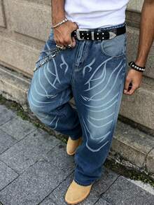 Manfinity EMRG Men's Striped Contrast Color American Street Graphic Print Pocket Jeans - Blue - View 8