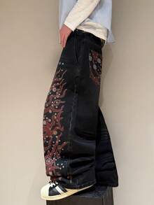 STEELVANCE Quần jeans ống đứng dáng rộng thoải mái với họa tiết râu mèo cổ điển, thời trang và dễ phối đồ. - màu đen - Xem 5
