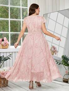 Reflora 大码女士优雅印花连衣裙，夏季婚礼宾客礼服 - 藕粉色 - 查看 8