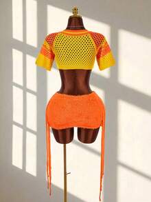 Amplova Women's Fashion Sexy Cropped Sweater Top & Mini Skirt 2 Pieces Set - Orange - View 2