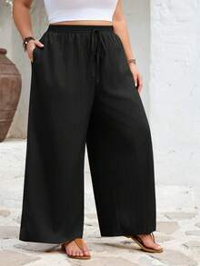 SHEIN CURVE+ Quần ống đứng cơ bản, chất liệu vải xếp ly, hơi xuyên thấu, size US22, thích hợp cho các lễ hội âm nhạc, kỳ nghỉ bên bờ biển, phong cách bohemian. - Nhiều màu - Xem 3