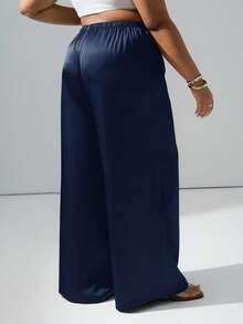 Hourglow Plus Size Wrinkle-Resistant Satin Straight Leg Loose Pants, Suitable For Valentine's Day, For Hourglass Body Shape - Navy Blue - View 2