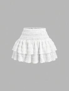 Y2K Casual Resort Mini Skirt With Double-Layered Hem And Solid-Color Ruffle Trim - Blanco - View 4