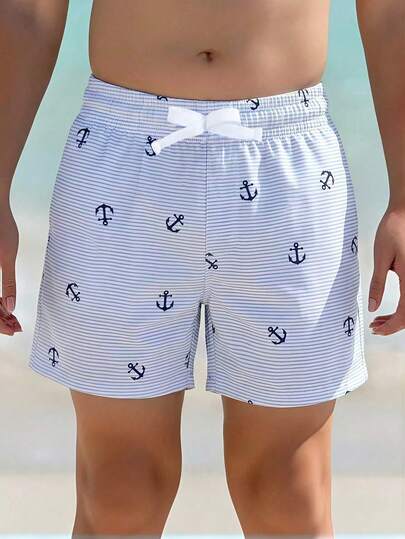 Young Boys Swimwear, Casual Minimalist Vacation Lightweight Blue Striped Anchor Print Woven Fabric Drawstring Waist Beach Shorts, Sports Style Suitable For Summer Vacation Striped Shorts Summer Shorts Tweens Shorts Anchor Print Shorts