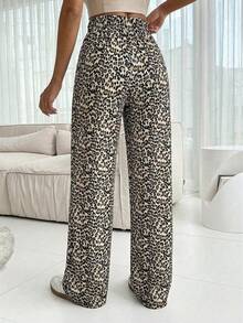 SHEIN PETITE Quần dài cạp cao dáng ôm họa tiết da báo dành cho nữ. - Rỉ Nâu - Xem 2