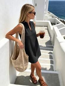 RiviMae Women's Fashionable Versatile Minimalist Elegant Stand Collar Sleeveless Dress, Suitable For Commuting In Spring And Summer - Black - View 5