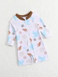 SHEIN Newborn Baby Zip-Up Rash Guard With Ocean Creature Print, Summer Beach Shorts - Multicolor - View 6