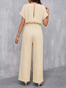 SHEIN Clasi Bộ jumpsuit dài nữ màu xanh dương thanh lịch, cổ tròn, hai lớp vải cotton nhăn, thắt eo, thích hợp cho kỳ nghỉ hè, hẹn hò, đi làm và du lịch. - Màu be - Xem 2